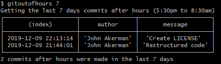 Command prompt output showing git commits in a table