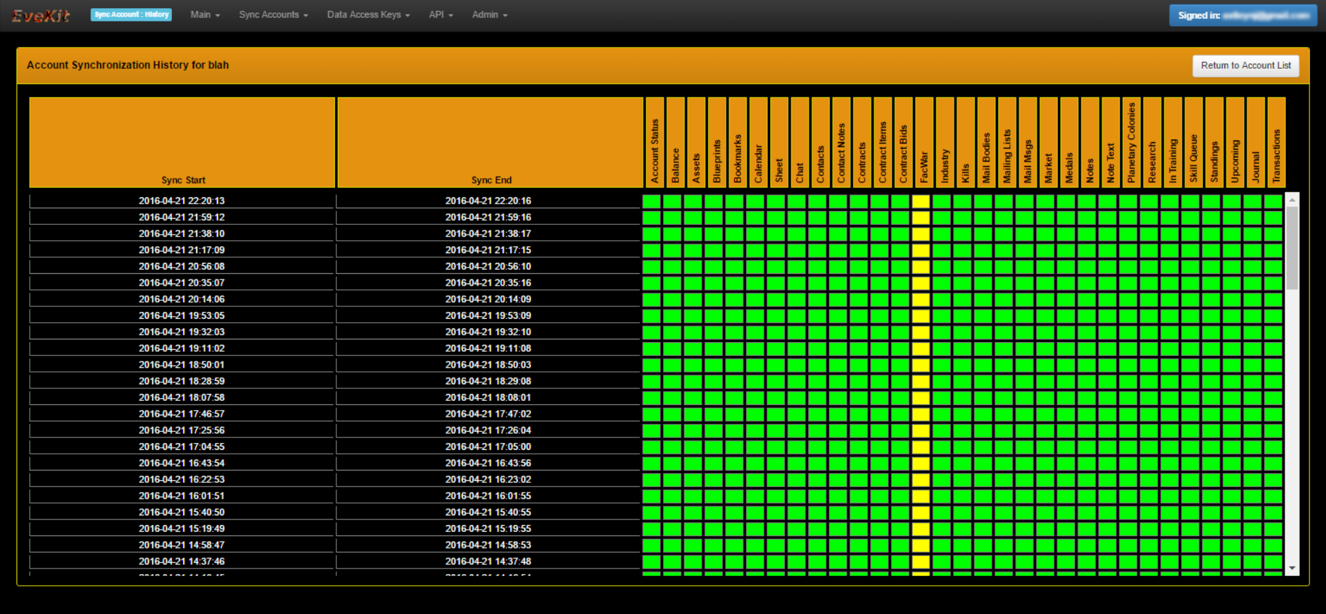 EveKit Sync History Screen