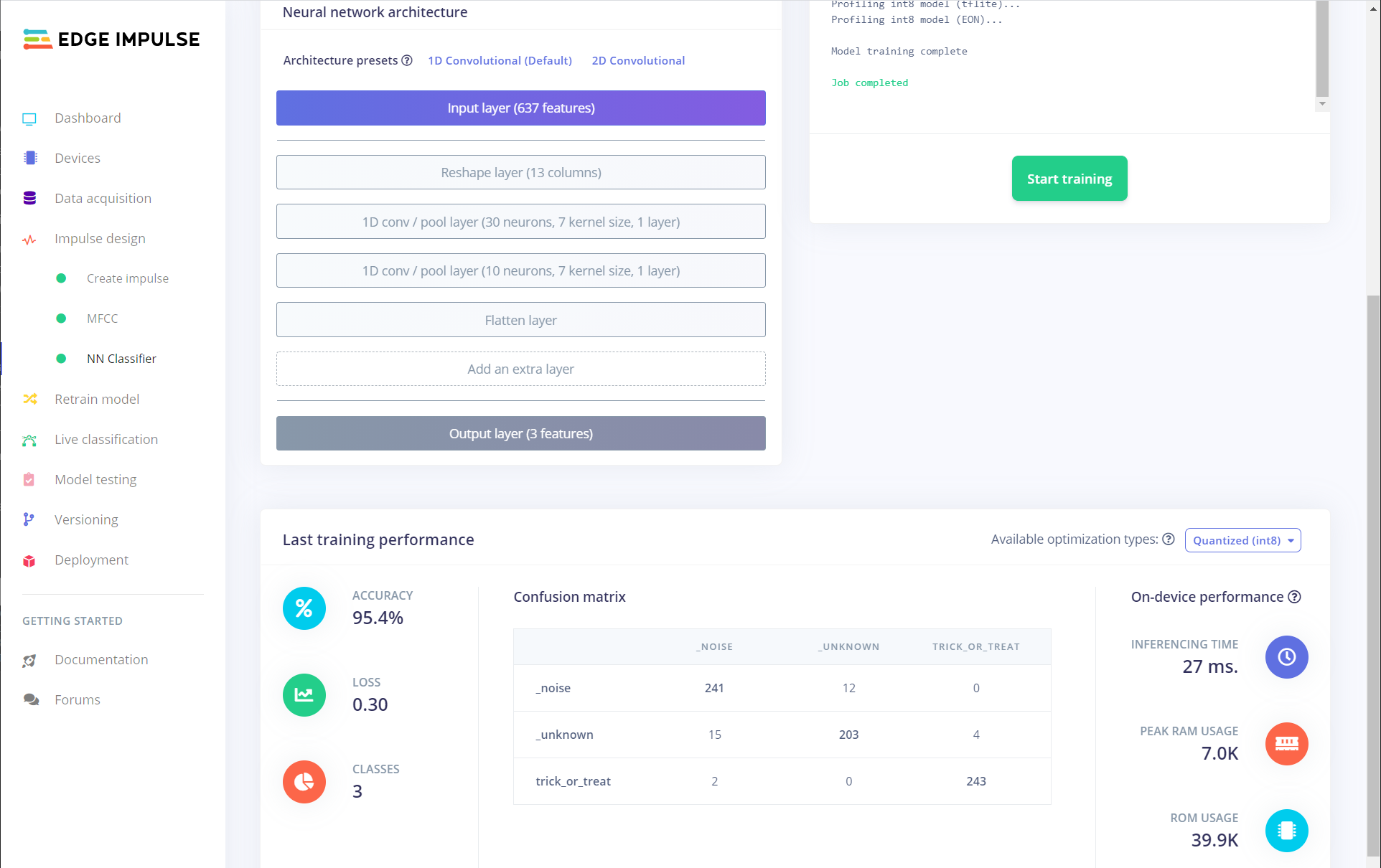Edge Impulse neural network model training