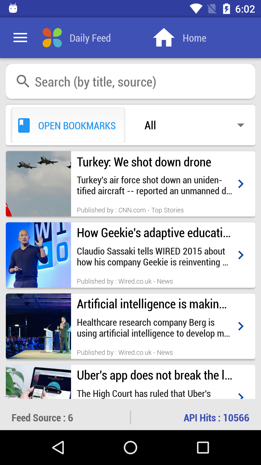 Home Screen with articles