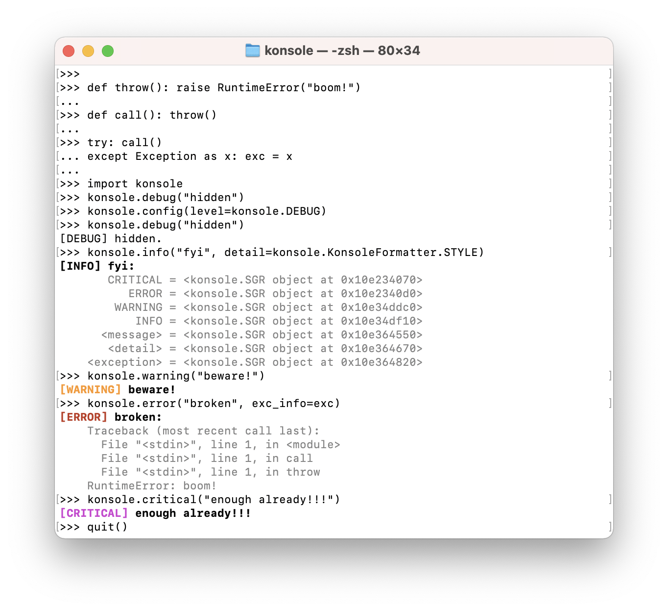 An interactive Python session using konsole