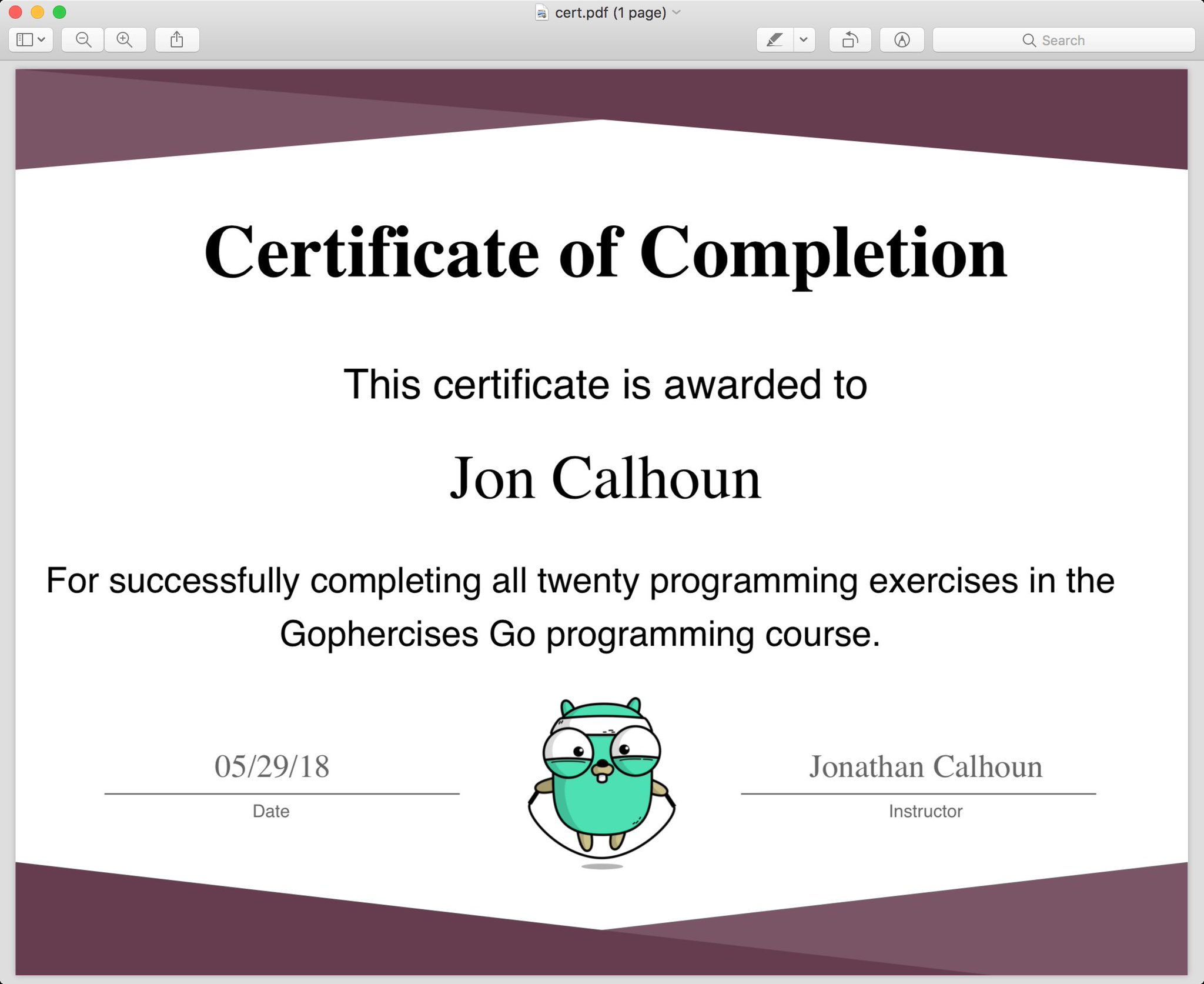 Screenshot of the course completion certificate PDF