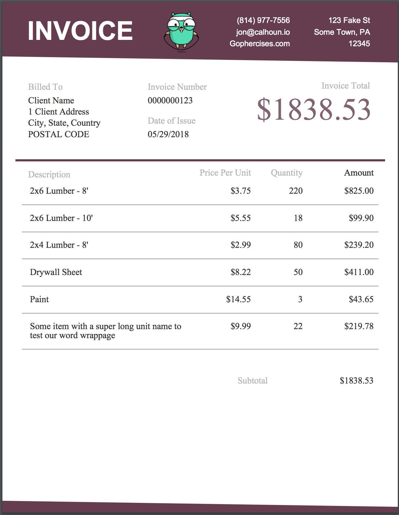 Screenshot of the invoice PDF