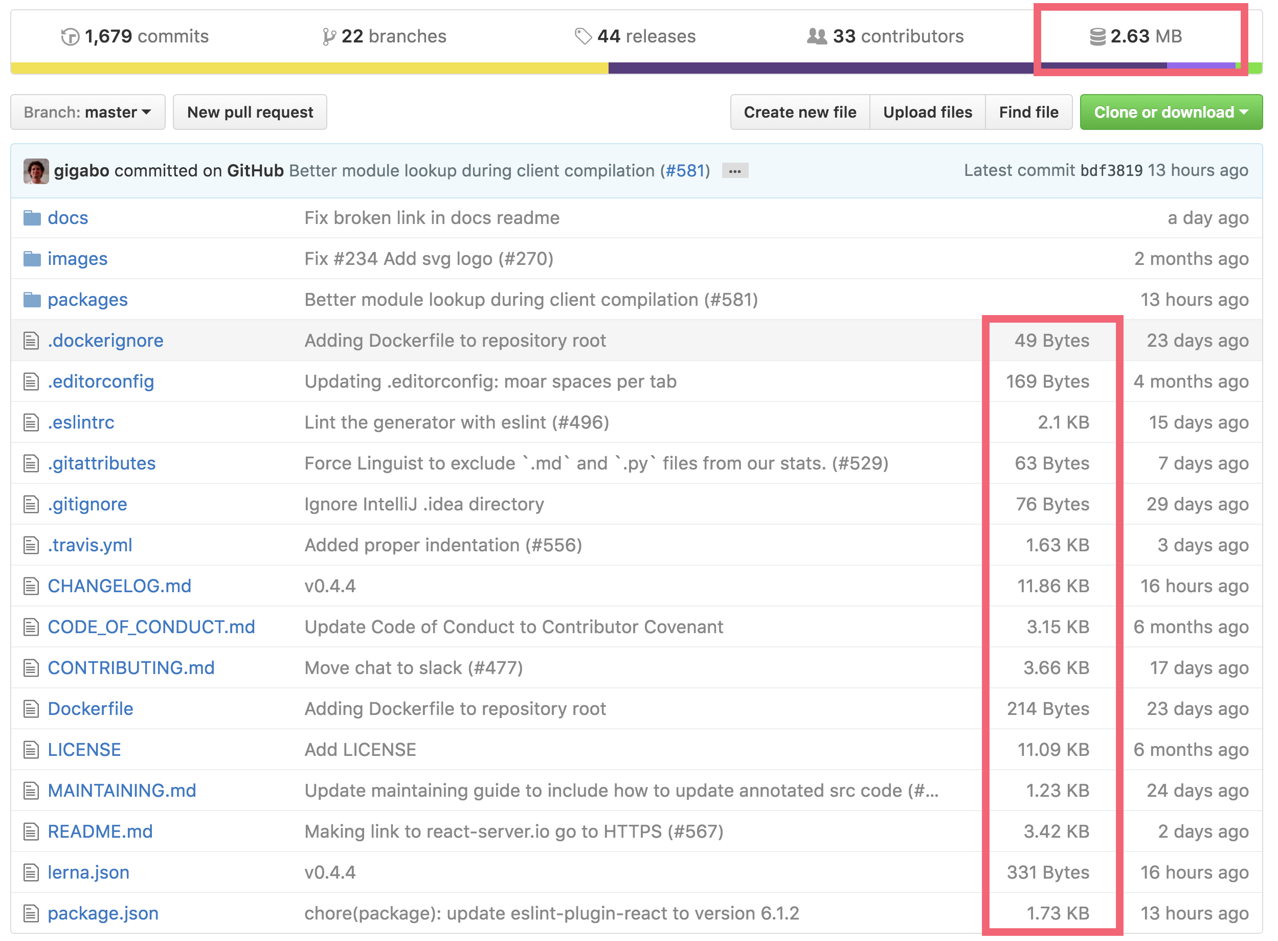 Screenshot of repository size on GitHub