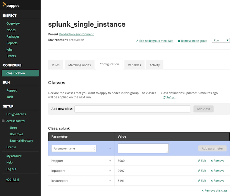 Using Puppet enterprise web interface to add Splunk class