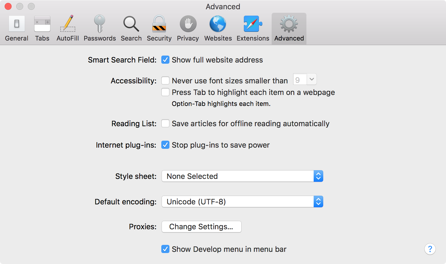 Advanced Preferences for Safari