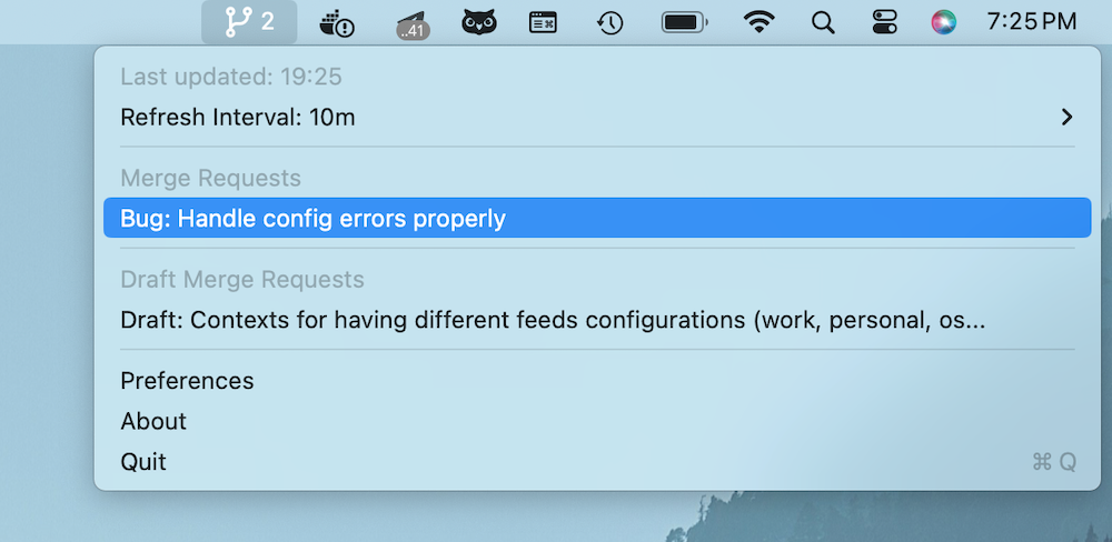 Screenshot of the app in the system tray displaying your open merge requests