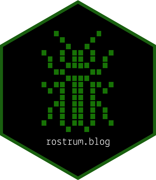 Hexagonal design containing the text 'rostrum.blog' and the blog's logo of a 16-bit insect.