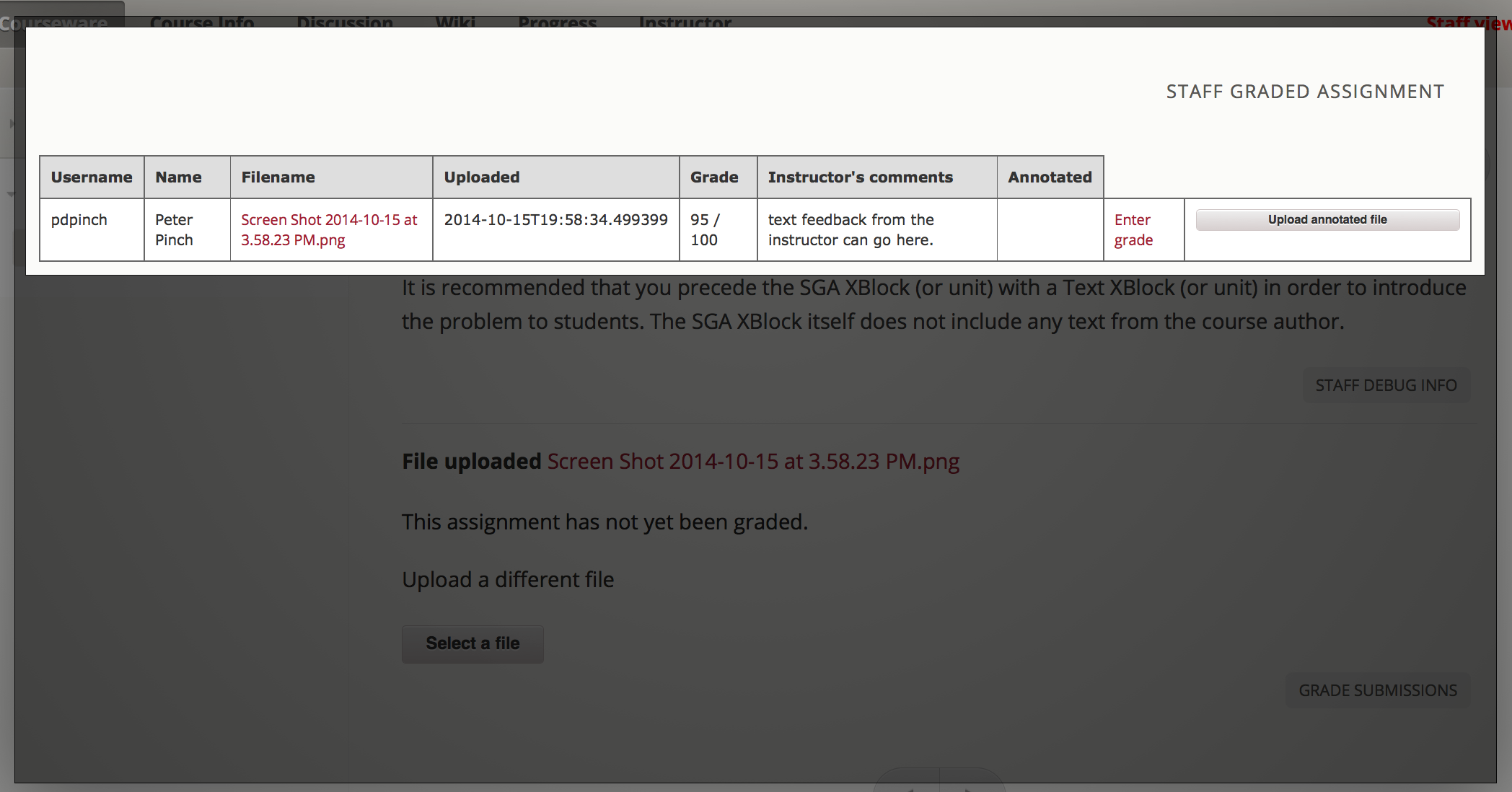 Instructor view of grading grid after a submission has been graded.