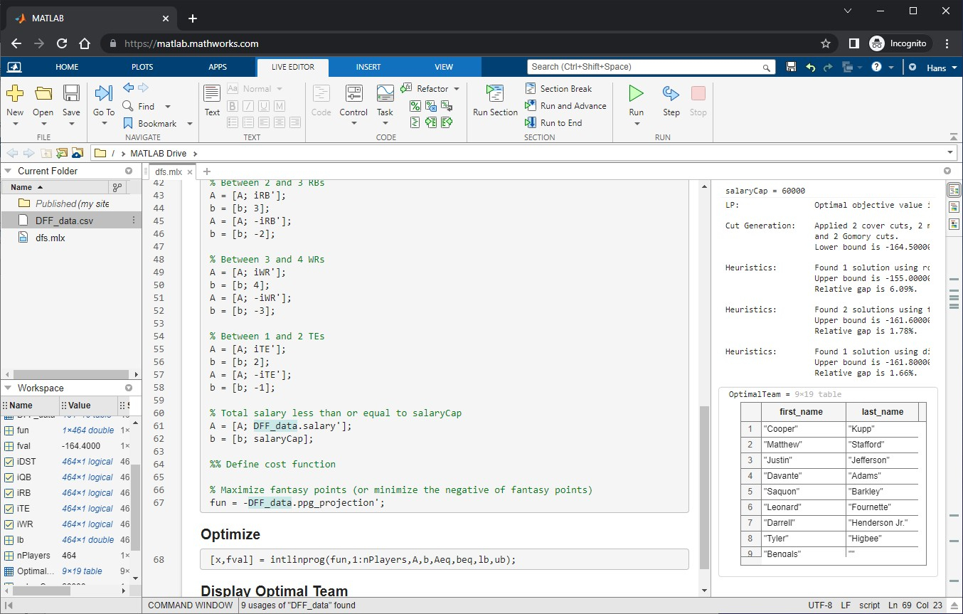 Optimal DFS lineup using MATLAB