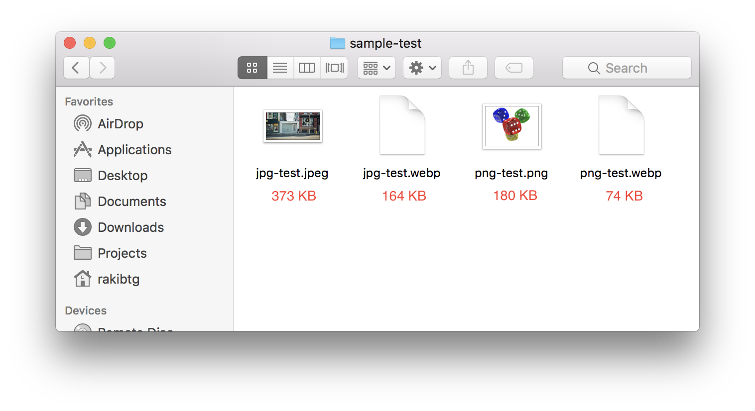 Screenshot showing image size after being converted to webp format