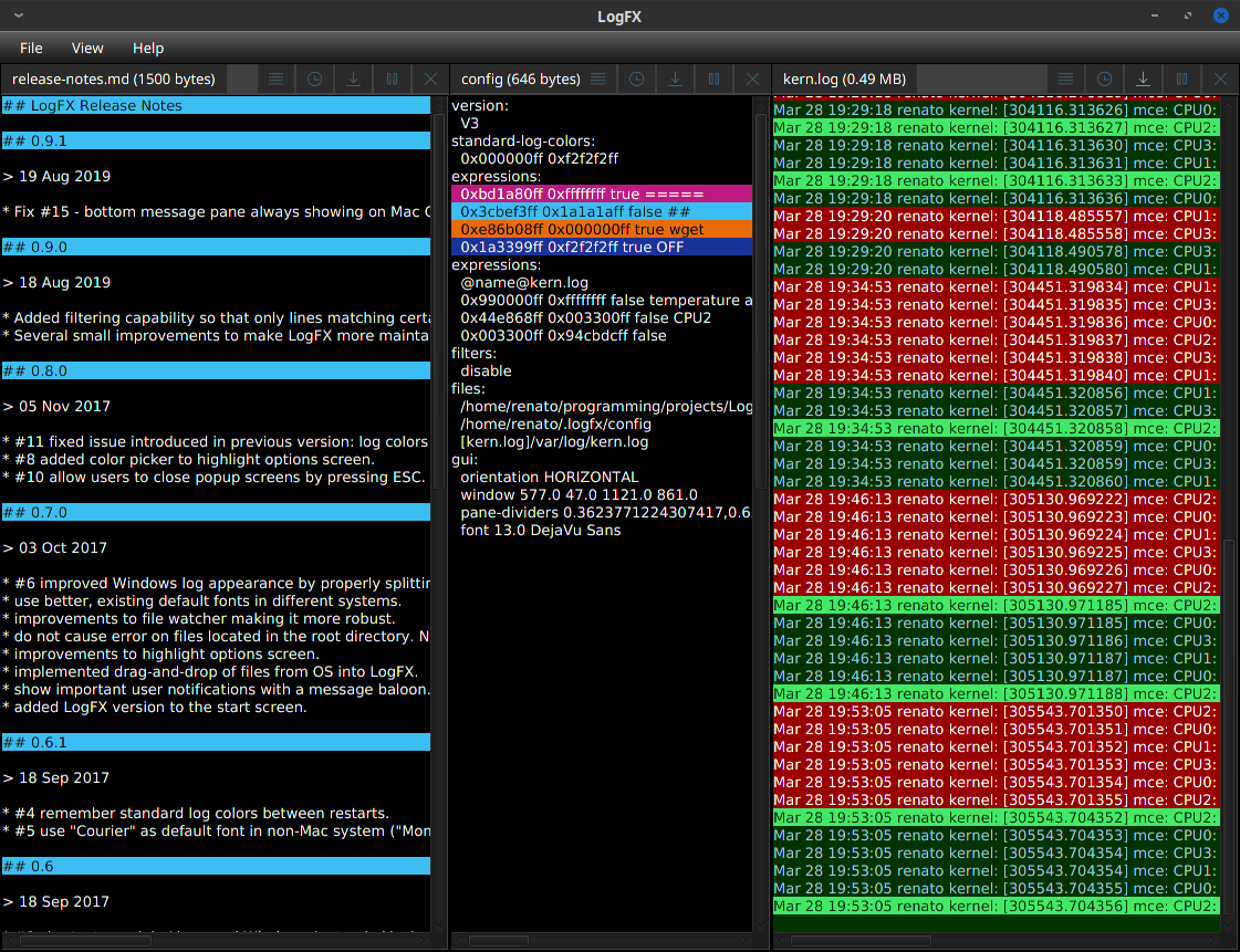 LogFX running on Linux KDE