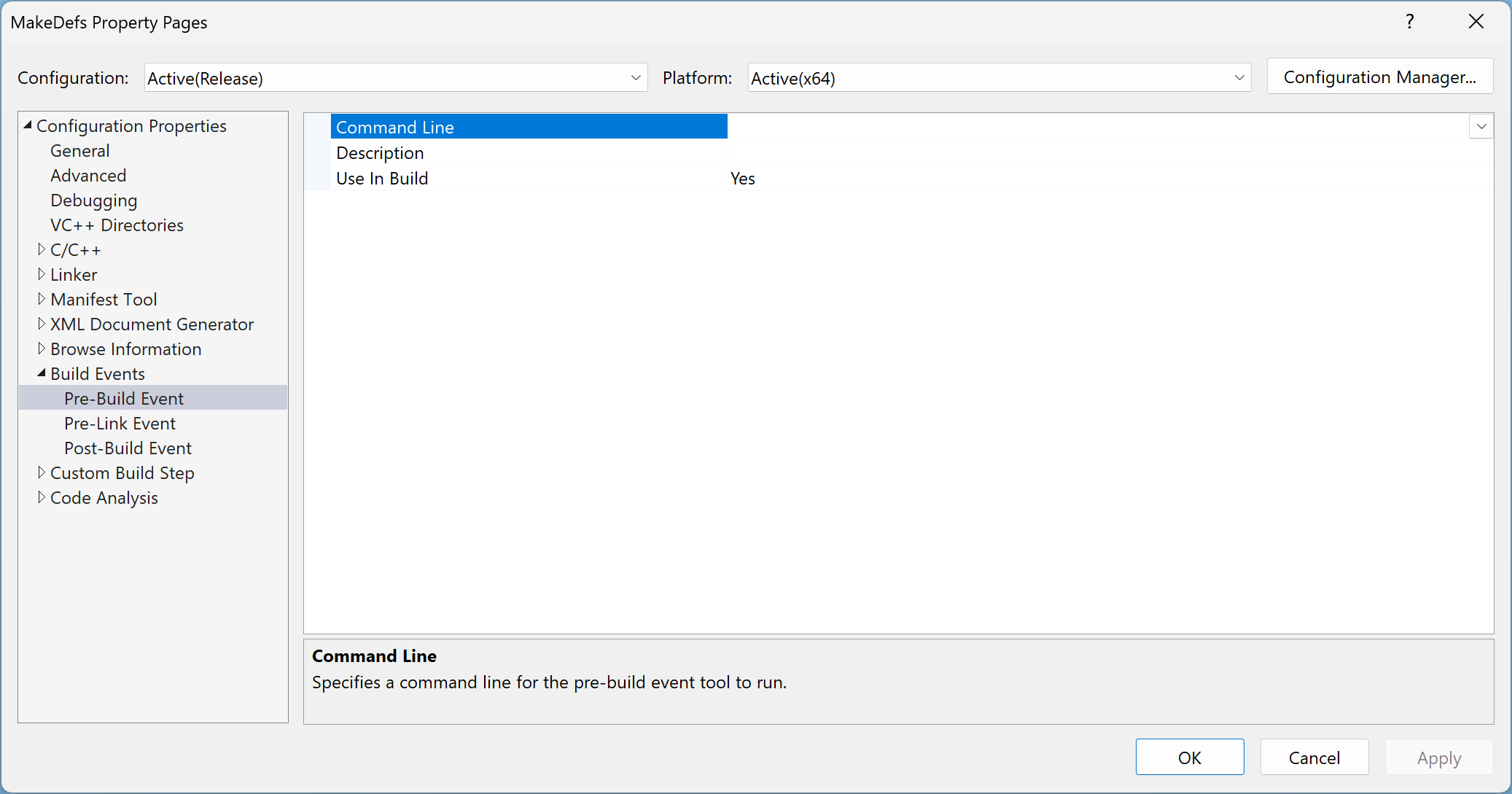 Visual Studio, MakeDefs properties, removed Pre-Build Event