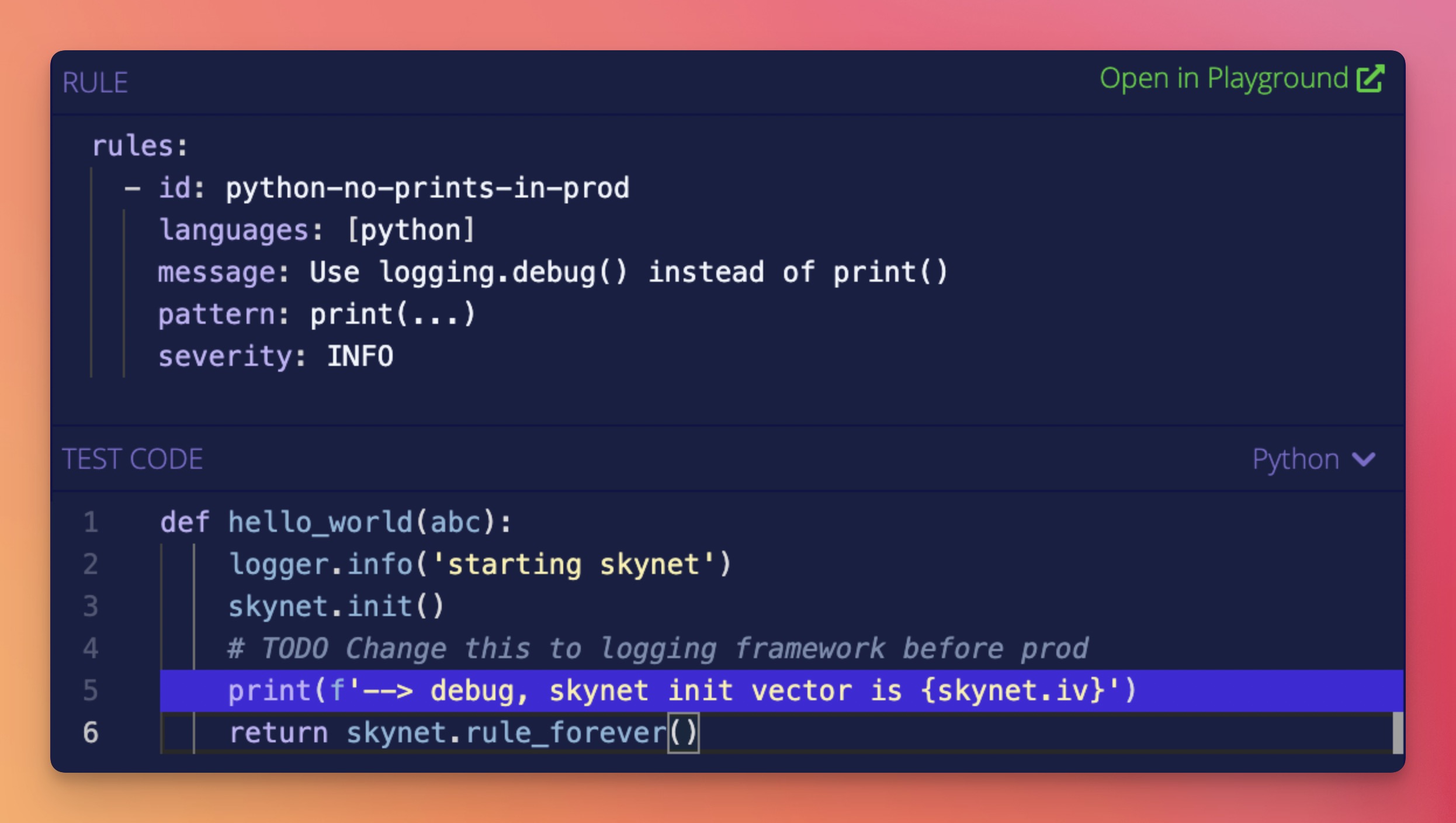 Semgrep rule example for finding Python print() statements