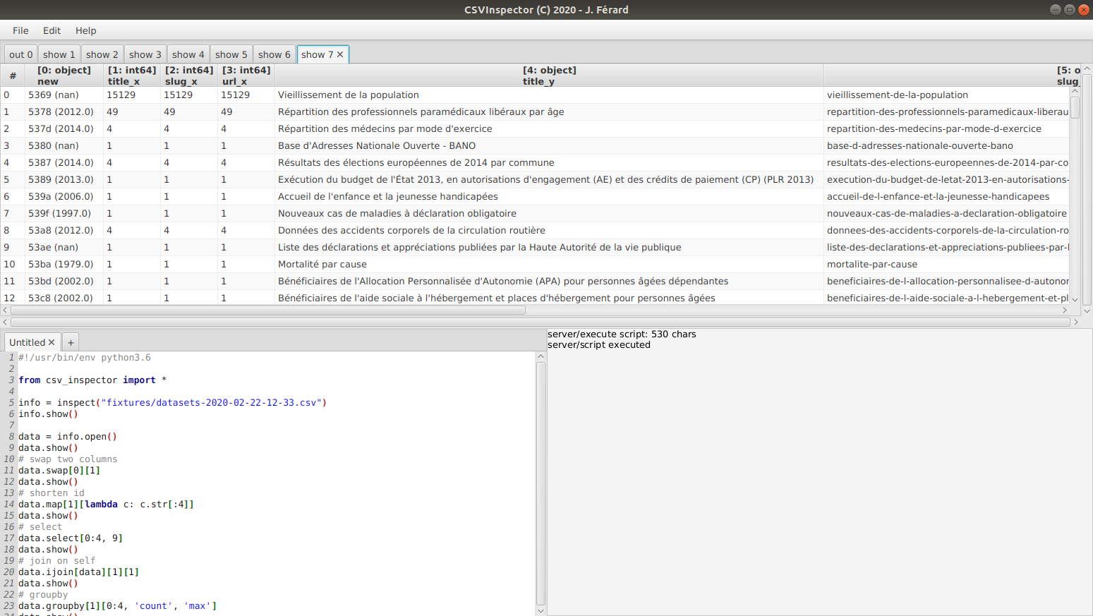 A screenshot of the application, showing the table, some code and the server response